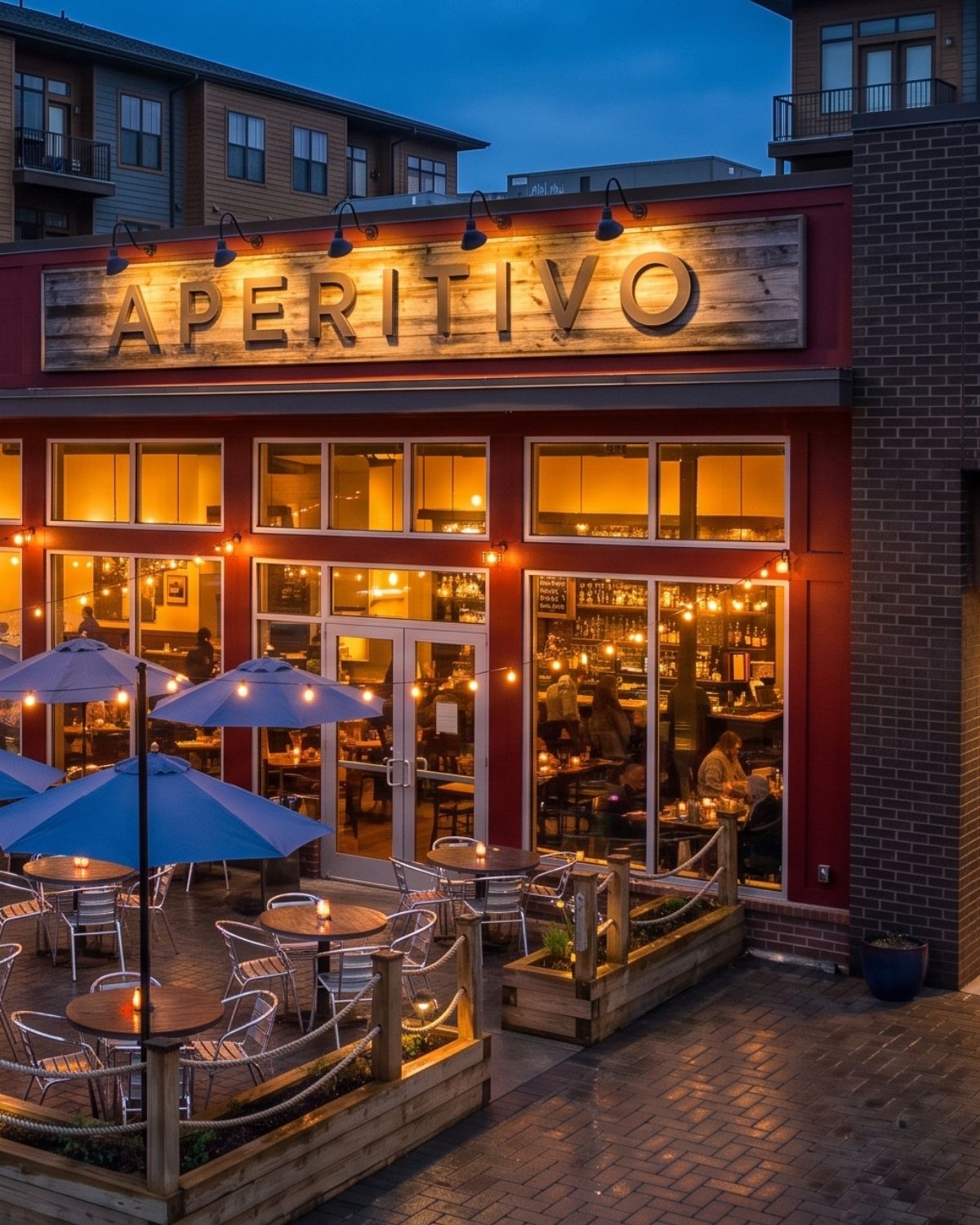 The lit Aperitivo sign above the restaurant's glowing storefront windows at dusk, with the patio and blue umbrellas below.